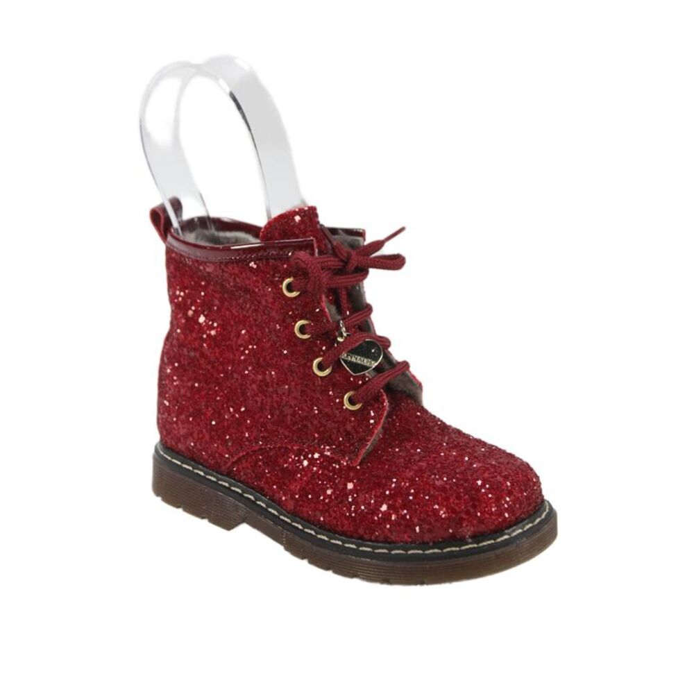 Monnalisa Girls Side Zip Lace Up Glitter Combat Boots Red Black Size 24